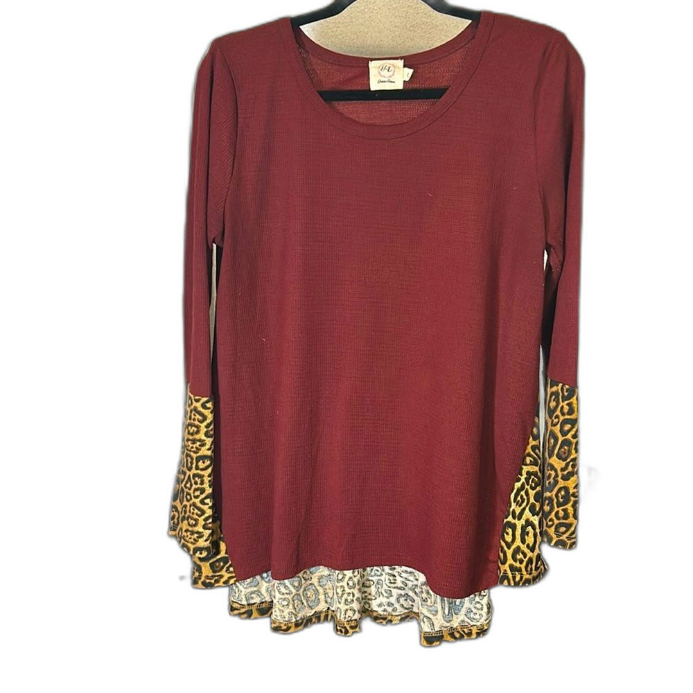 Grace+Emma Maroon & Leopard knitted L Slv, hi-low L